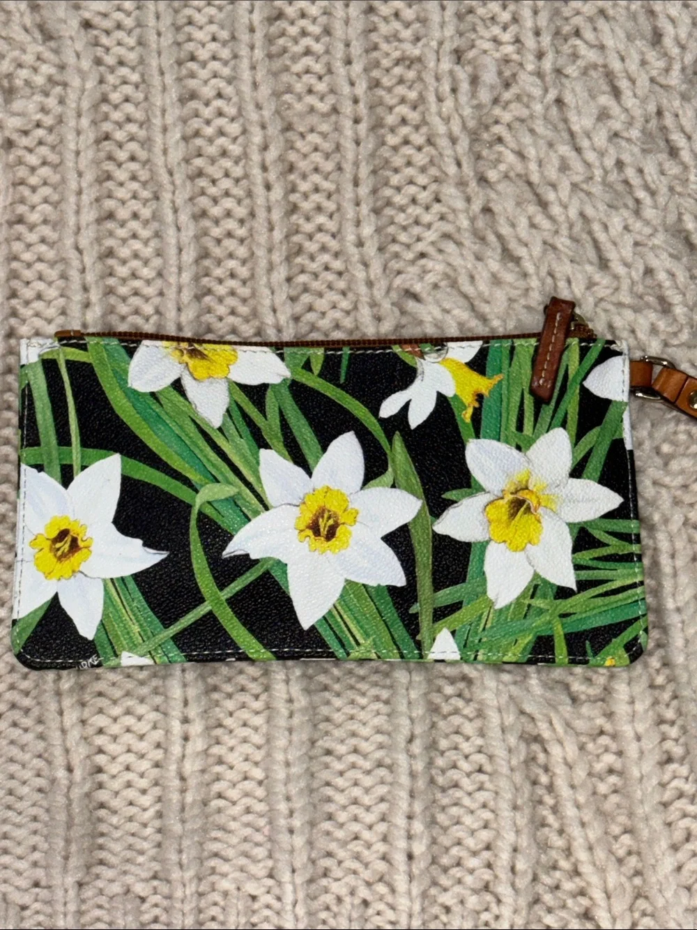 Dooney & Bourke Black Floral Card Holder Wristlet with Tan Strap